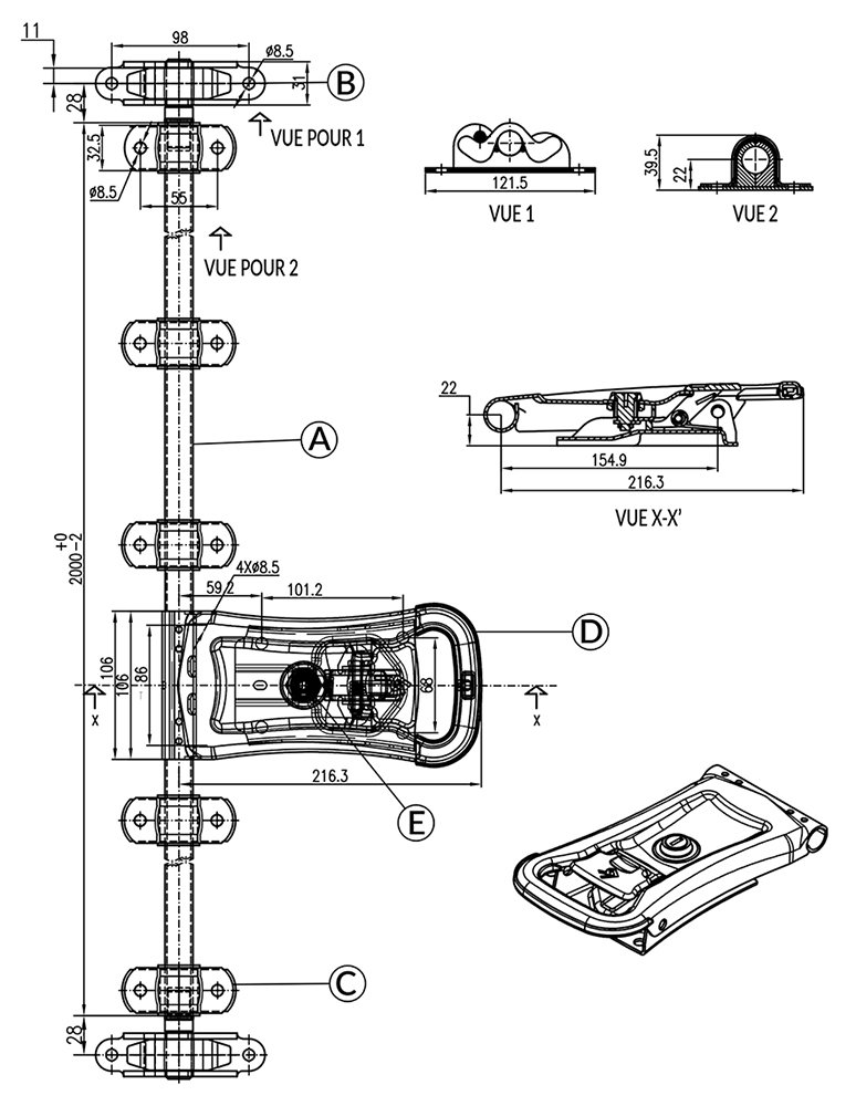 Plan coté kit crémone en applique ø 20 mm