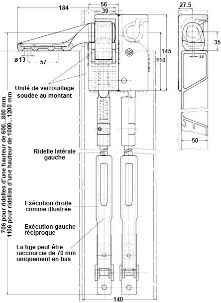 Plan coté tourillon et unité de verrouillage pour ridelle